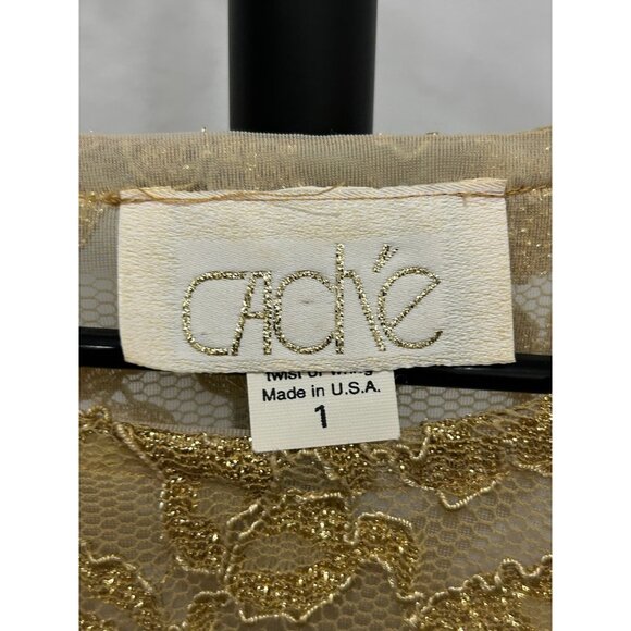 Caché Gold Lace Small Long Sleeve Top Elegant Mesh Floral Design Lightweight - Picture 5 of 8